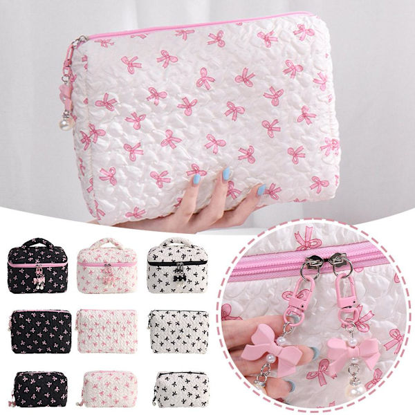 Liten sminkväska Rosa Svart Tryck Rosett Dam Bekväm Kosmetikaväska B4I6 Pink Pillow bag