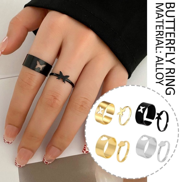 Butterfly Knuckle Rings Set Hollow Open Finger Lover Couples Adj Heart Gold One size