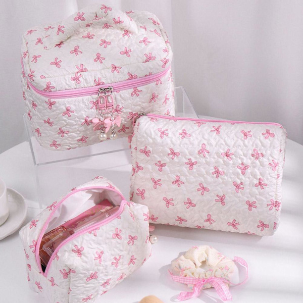 Liten sminkväska Rosa Svart Tryck Rosett Dam Bekväm Kosmetikväska B4I6 Black Pillow bag