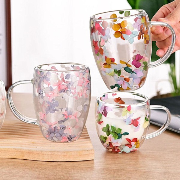 Dubbelväggig Glasmugg Torkad Blomma Fyllning Kvicksandsmugg Dricksvattenglas Muggar C 350ML