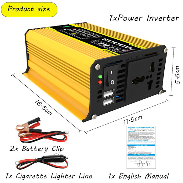 Effektomvandlare 12V till 220V/110V 3000W Ombord Solenergiomvandlare Effekt S6 R8D9 Q9X6 yellowA 220V