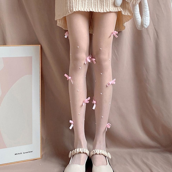 Mieeyali Kvinnor Y2K Rosett Pärlstrumpbyxor Söta Kawaii Spets Fisknätsstrumpor I4Q7 H7X7 White+pink one-size