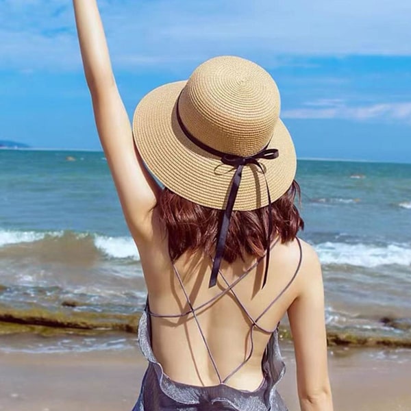 Dam solhatt halm vår sommar floppy strand hopfällbar B beige One-size