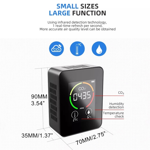 3-i-1 LCD-luftkvalitetsmonitor koldioxidmätare CO2-temperatur-fuktighet white One-size