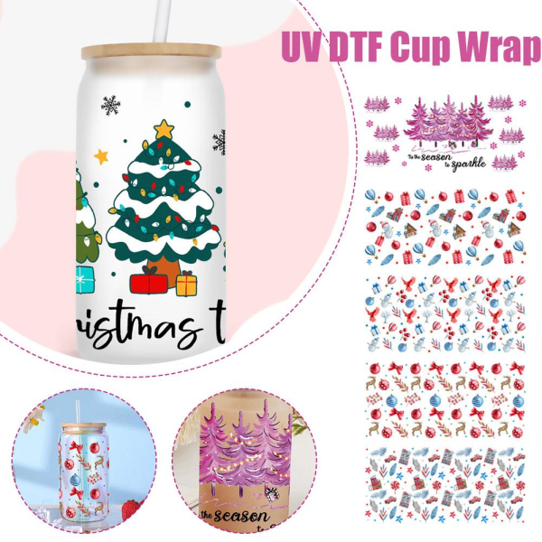 3D UV DTF Transfer Cup Wrap Transfer Dekal Kaffekoppar i glas 2 F 1PC