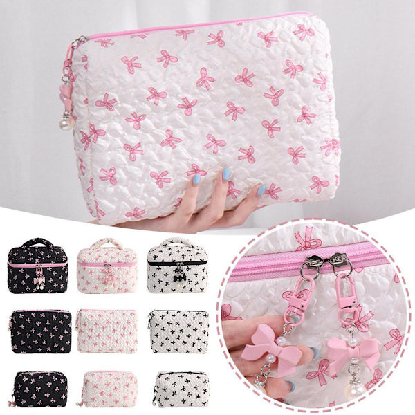 Liten sminkväska Rosa Svart Tryck Rosett Dam Bekväm Kosmetikväska B4I6 Black Pillow bag