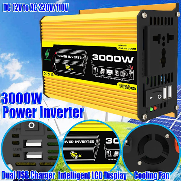 Effektomvandlare 12V till 220V/110V 3000W Ombord Solenergiomvandlare Effekt S6 R8D9 Q9X6 yellowA 220V