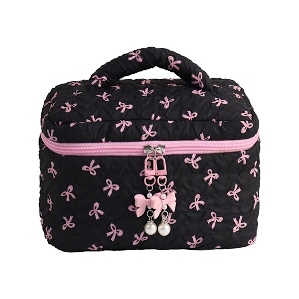 Liten sminkväska Rosa Svart Tryck Rosett Dam Bekväm Kosmetikväska B4I6 Black Barrel bag