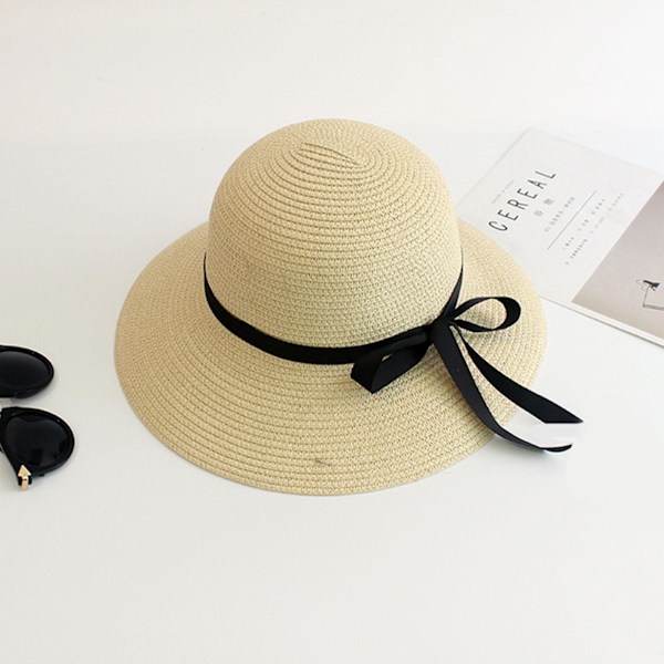 Dam solhatt halm vår sommar floppy strand hopfällbar B beige One-size