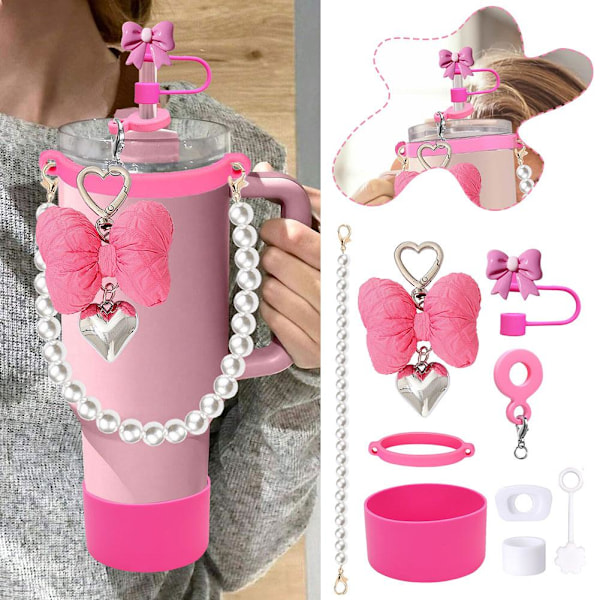 Sugrörsskydd 9st/set för StanleyCup Dekor Färgglad Blomma Plysch Ba Pink 9pcs