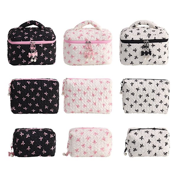 Liten sminkväska Rosa Svart Tryck Rosett Dam Bekväm Kosmetikväska B4I6 Black Barrel bag