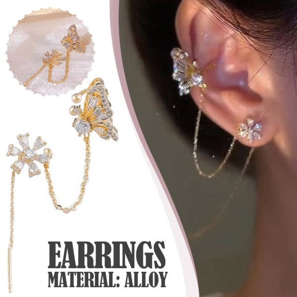 Underbara Butterfly Zircon Long Tassel Örhängen Cuff Ear Clip Lin Right ear One size