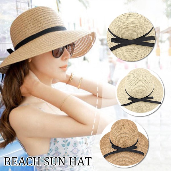 Dam solhatt halm vår sommar floppy strand hopfällbar B beige One-size