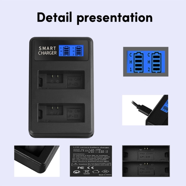 LCD USB LP-E5 Dual Channel batteriladdare Ersättning för Canon EOS Rebel XS, Rebel T1i, Rebel XSi 1000D kamerabatteri