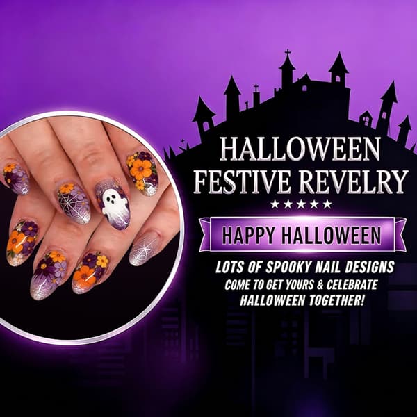 Efterår Halloween Press On Negle med Oval Form og Gyserdetaljer til Kvinder