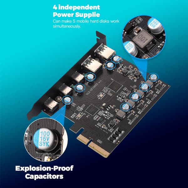 20 Gbps USB 3.2 PCIe-kort 5-portars PCI-E till USB3.2 Typ C expansionsadapterkort