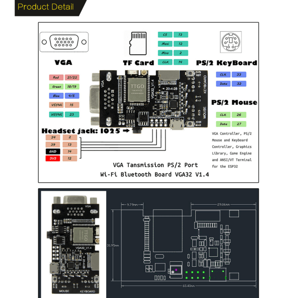 VGA Controller Board PS/2 Mus Tangentbordskontrollmodul med Micro32 Chipset Game Engine ANSI/VT Terminal för ESP32