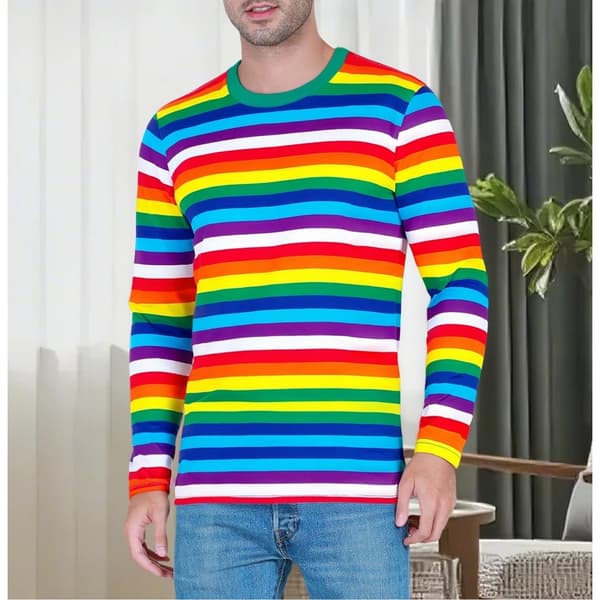 Stribet langærmet T-shirt med rund hals til mænd, basic afslappet top Multi L