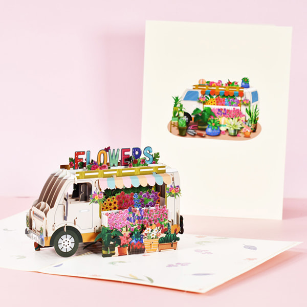 3D för Pop Up-kort Handgjorda blomsterlastbil gratulationskort med kuvert för fäder