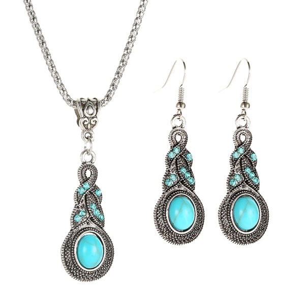 Etniska blå sten smyckesset tibetanskt silver turkos hänge halsband örhängen dekoration fin present till vän syster