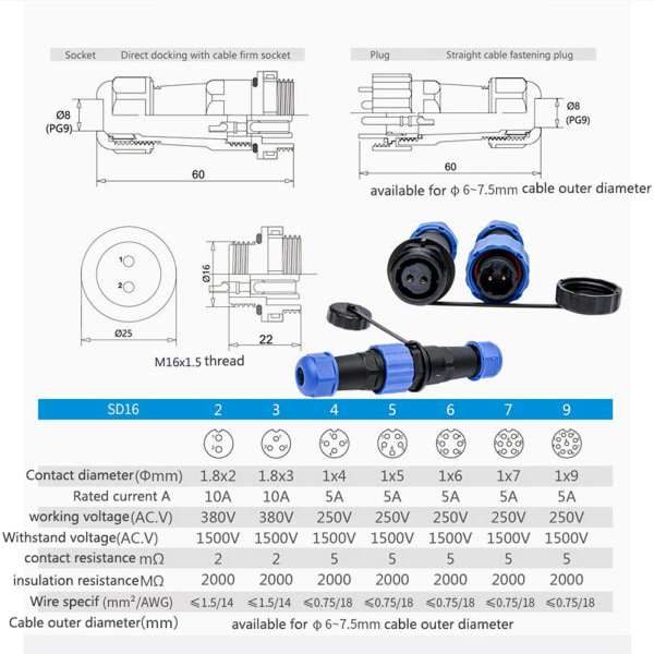 IP68 Vattentät Aviation Stickkontakt Kontakt Kabel Stickkontakt Utomhus Vattentät kontakt Power 9P