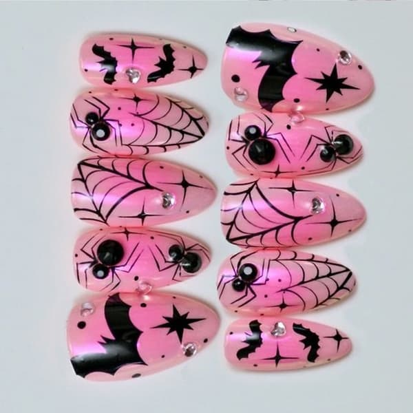 30 Stykker Halloween Pink Flagermus Glansfulde Press-On Negle ABS Materiale
