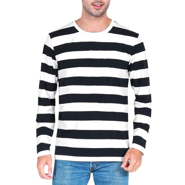 Stribet langærmet T-shirt med rund hals til mænd, basic afslappet top Red L