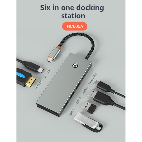 USB C Hub 6 i 1 Adapter Dockstation Stöd 4KHDMI2.0 2xUSB 3.0 PD100W Laddning Rj45 Ethernet-kontakt null - HC606A