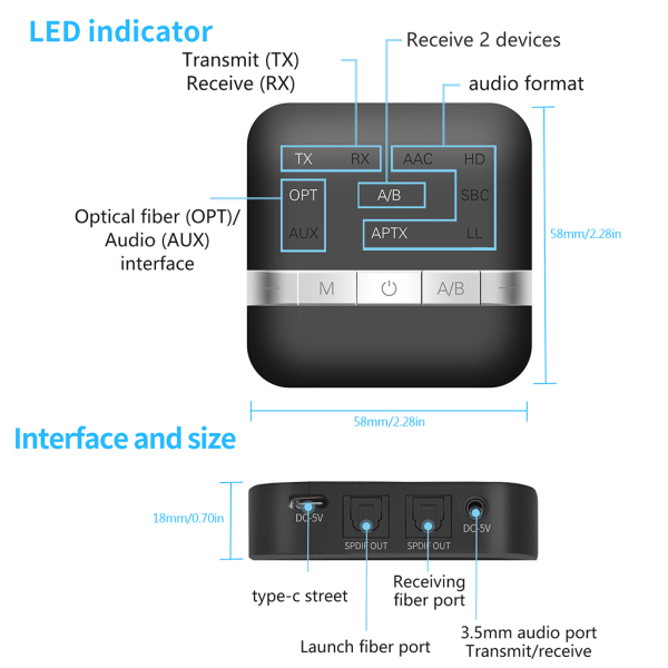 Låg latens 3,5 mm Bluetooth-kompatibel 5.0-adapter Bluetooth-kompatibel sändare mottagare Long Range Compact Mini