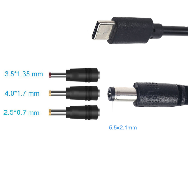 Typ C USB C till 2,5x0,7mm,3,5x1,35mm,4,0x1,7mm,5,5x2,1mm 5V 9V 12V 15V 20V Justera spänningar Power för routrar LED