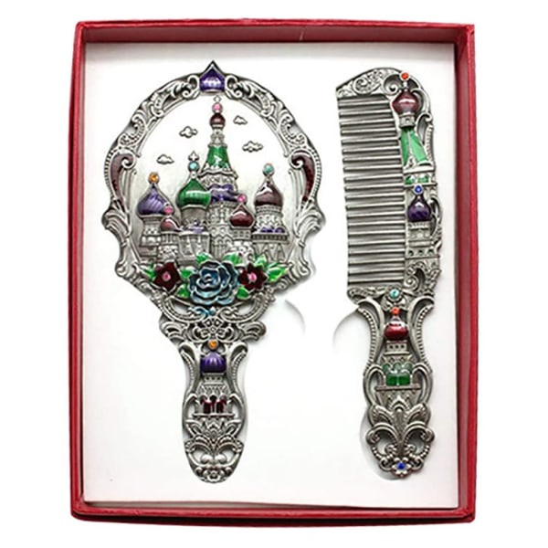 Kvinnors vintage slott bärbar kosmetisk spegel rysk stil handtagsspegel Red