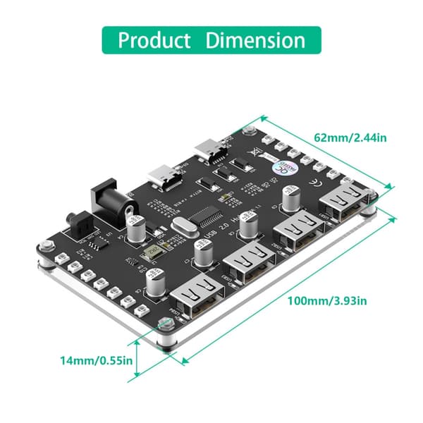 USB 2.0 4-port hub med LED-lys, erstatningsadapterkort, hjelpeeffekt