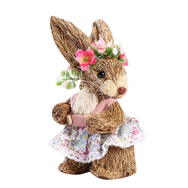 Påsk Kanin Ornament av Halm Handgjord Kanin för Docka med Blomsterkrans Förkläde De