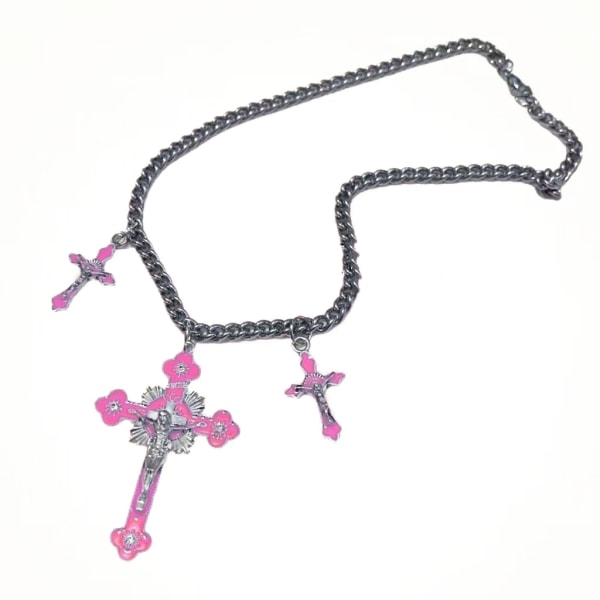 Rosa korshängande halsband Cool Y2K Goth smycken Rainbow-Cross Jesus Crucifix Cross Pendant Chain Halsband för kvinnor Pink
