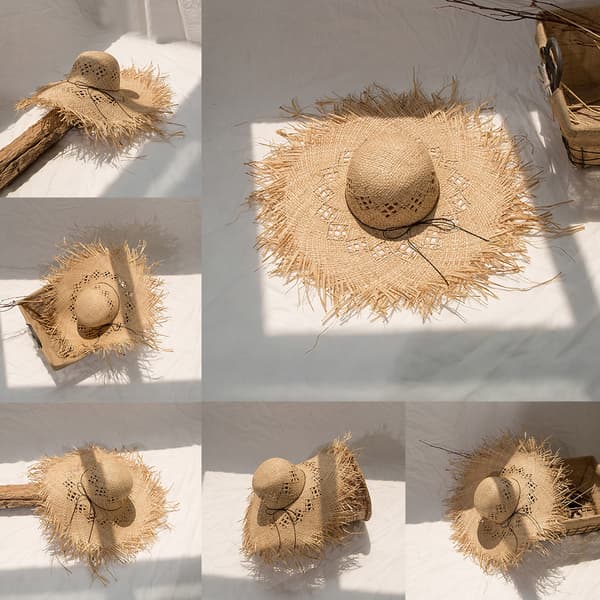 Dame Raffia Strå Solhatt Stor Brede Floppy Frynser Hul Solkrem Bøtte Ca