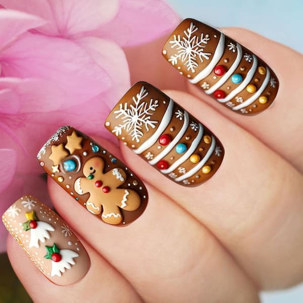 Snöflinga Stick on Nails Jul Lösnaglar Pepparkakor Man Press On Nails