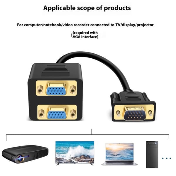 VGA Splitter Adapter 1 Input 2 Outputs 25 cm Kabel 1080P Til Hjemmekontorbrug