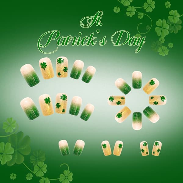 24 stk. grønne Shamrock Gradient Sparkling Glossy Press On negle til St. Patricks Day
