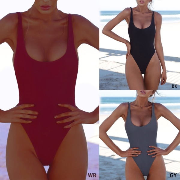 Kvinnor Sexig Push Up Rygglös Bikini Monokini Enfärgad Vintage för Triangel String Baddräkt Badkläder Högskurna Bad S Black XL
