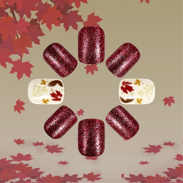 Thanksgiving Press on Nail Short Square False Nail Fall Maple Leaves Designs