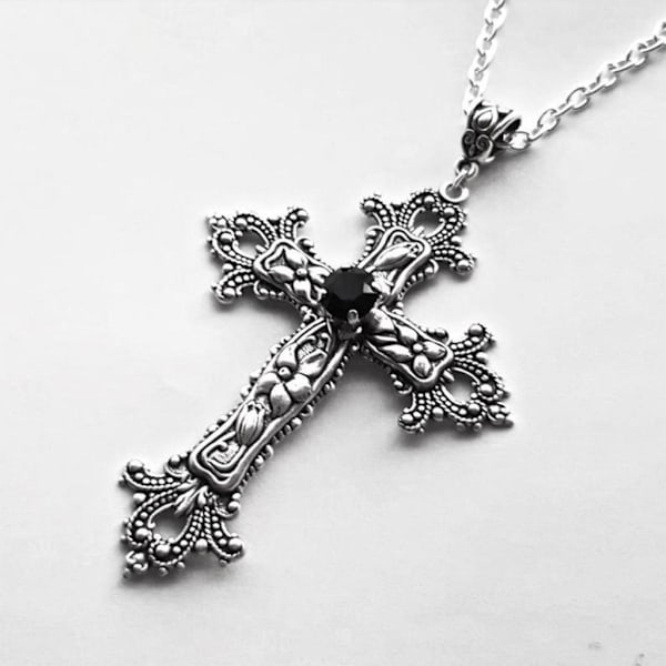 Stort detaljerat korsborrhänge Halsband Silver Färgton Gotisk Punk Smycken Mode Charm Statement Kvinnor Present Red