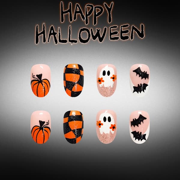 Halloween Græskar Flagermus Press On Manicure 24 Stk. Ovalt Sæt til Feststyling