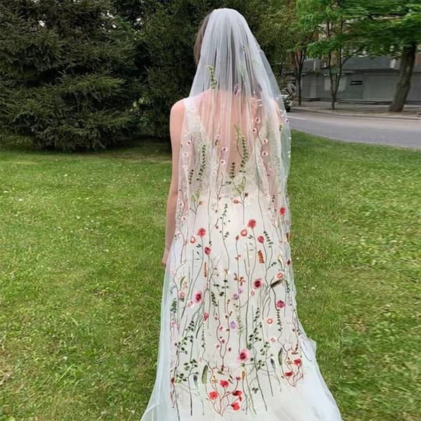 Broderet Blomst Brudeslør 145CM Langt Brudeslør til Bryllupsfester