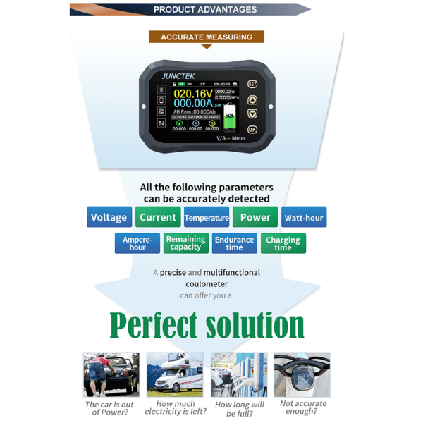 Multifunktionell batteri Coulometer Spänning Power Temperatur KW-mätare med OVP/OTP/LVP/OPP/OCP/NCP Professional