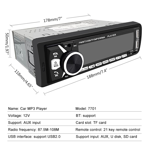 Autoradio 1 Din MP3-soitin FM Aux-tulo USB Yleismusiikkisoitin