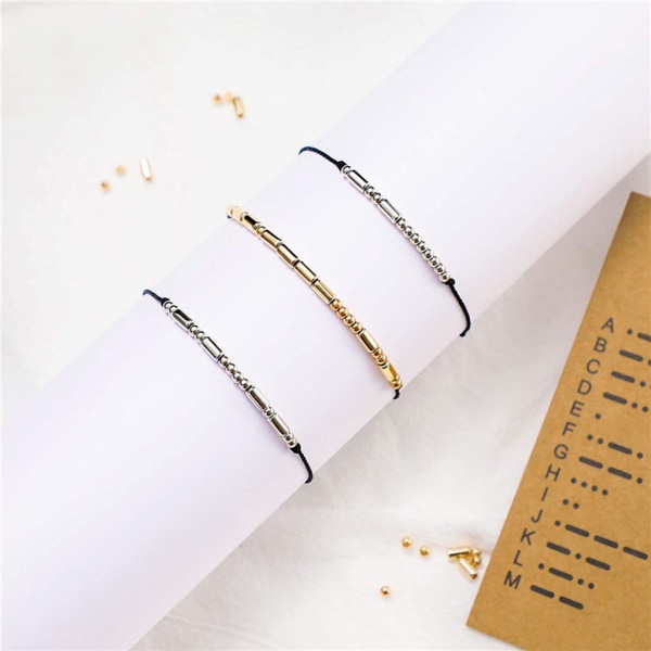Runda distanspärlor Långt rör distanspärlor Manuellt justerbart armband Halsband Morsekod avkodningskort set Gold