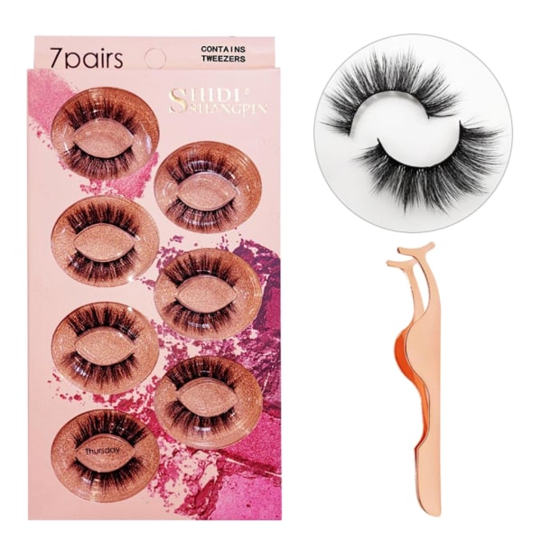 Fluffy-Lashes 3d Mink Fransar Långa Tjocka Naturliga lösögonfransar Makeup Mink Ögonfransar Dramatiska falska fransar med pincett 7 pairs