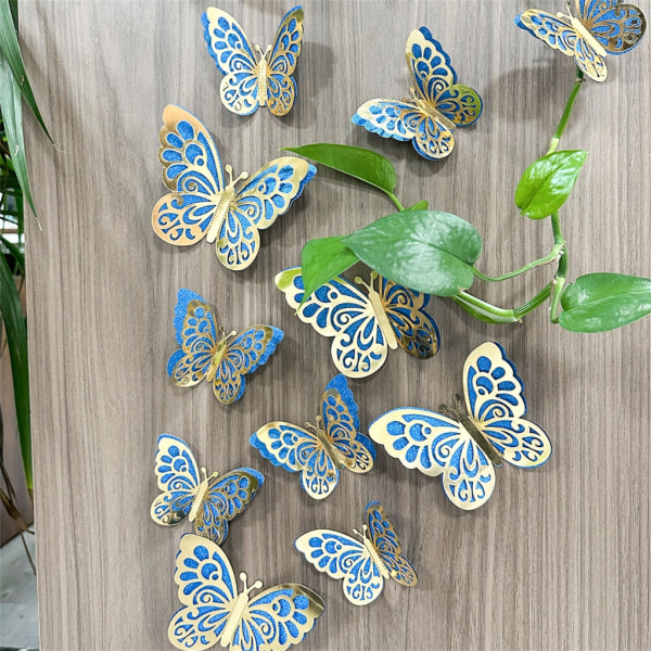 12 st/lot 3D ihåliga fjärilsväggdekaler Hemdekorationer Väggdekor Kylsklistermärken för festbröllopsvisning A