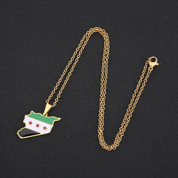 Rostfritt stål Syrien Karta Flagga Hänge Halsband för Kvinnor Män Karta Charm Mode Syrien Karta Kedja Smycken Guld Silver Silver