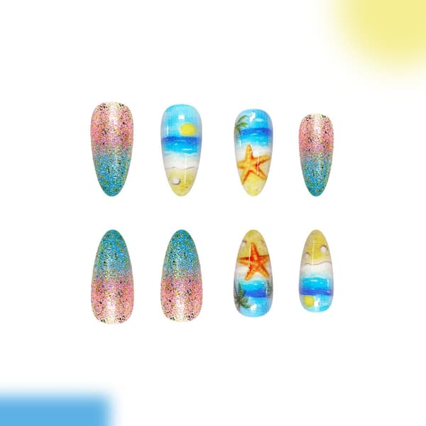 Sommer Press On Manicure Sæt, Gradient Ocean Art Mandel 24 Stykker